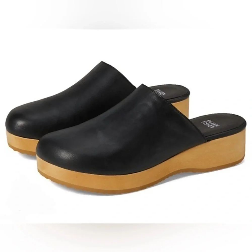NIB Eileen Fisher Black Leather y2k 90s EVA Slip on Luxury Staple Mules 8 - Picture 2 of 8
